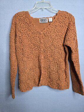 Forenza Vtg Crochet Cardigan Orange Button Front Size Medium Ramie Cotton